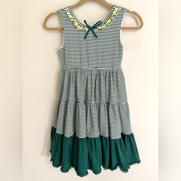 SWEET HONEY Girls Dress 12Y Green Striped Tiered Ruffle Pom Hem Preppy Cottage - Picture 1 of 15
